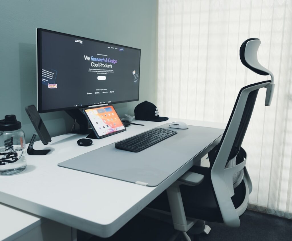 Modern office workspace with computer monitor and clean desk setup for productivity work