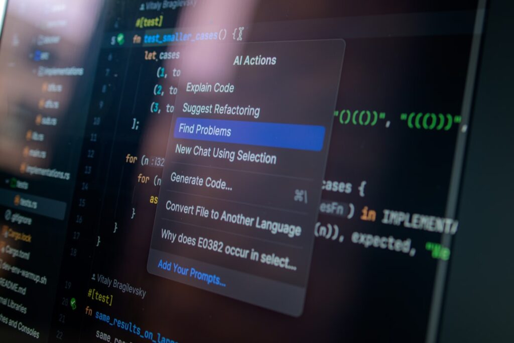 Computer screen displaying code with AI Actions context menu - Photo by Unsplash