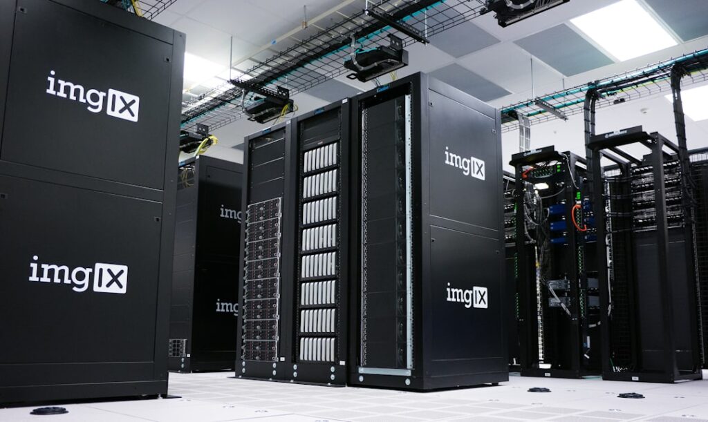 Modern data center with server racks representing web hosting infrastructure and services