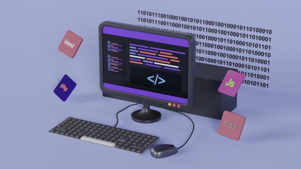 Modern computer setup with AI programming interface and floating UI elements representing artificial intelligence technology programs