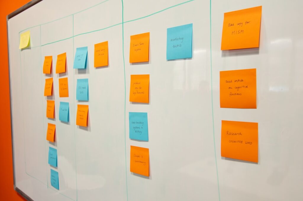 Project planning whiteboard with colorful sticky notes showing implementation phases and workflow organization