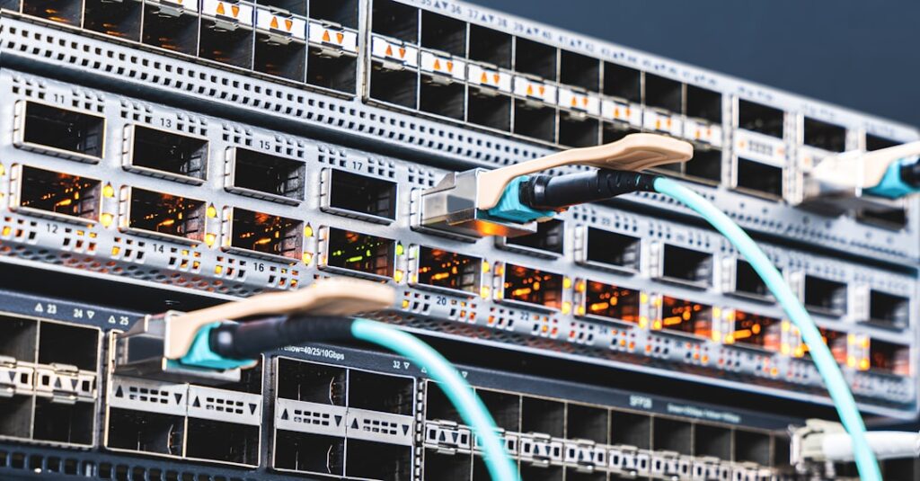 Data center server infrastructure with network switches and cables representing web hosting technology