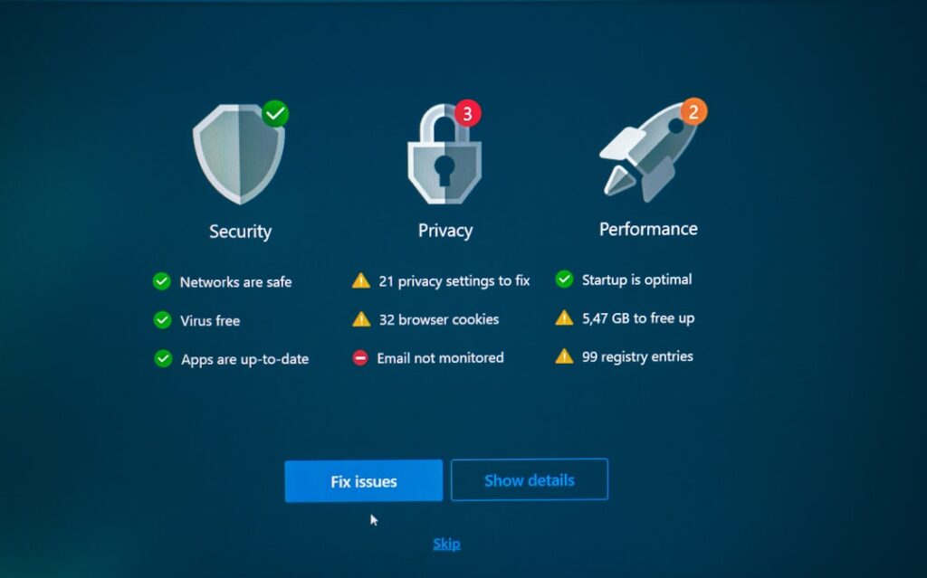 Security dashboard showing security, privacy, and performance status with fix options