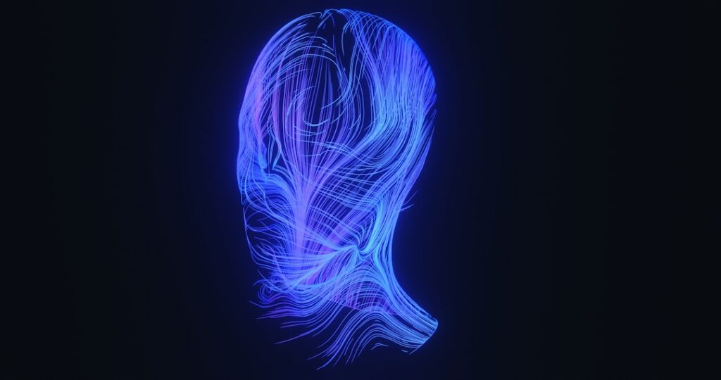 Abstract digital visualization of AI mind with neon blue flowing lines representing artificial intelligence