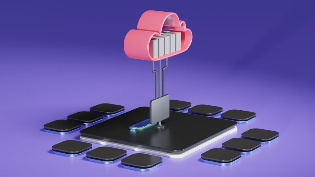 3D diagram showing cloud hosting architecture with servers connected to cloud storage representing different hosting types