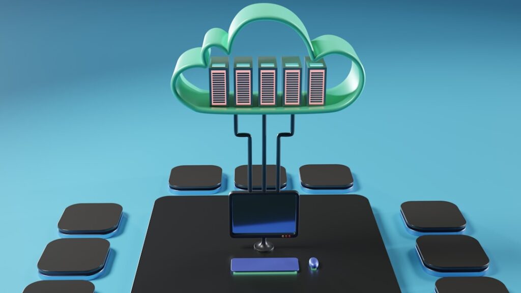 Cloud hosting infrastructure diagram showing servers connected to cloud storage for different hosting types