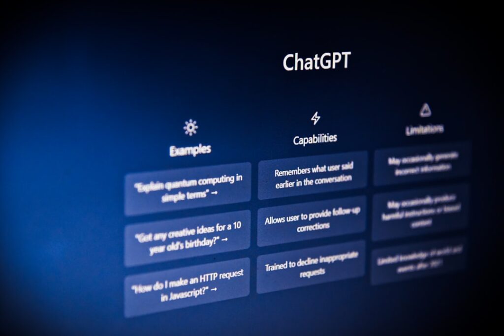 ChatGPT interface showing AI language model capabilities and features
