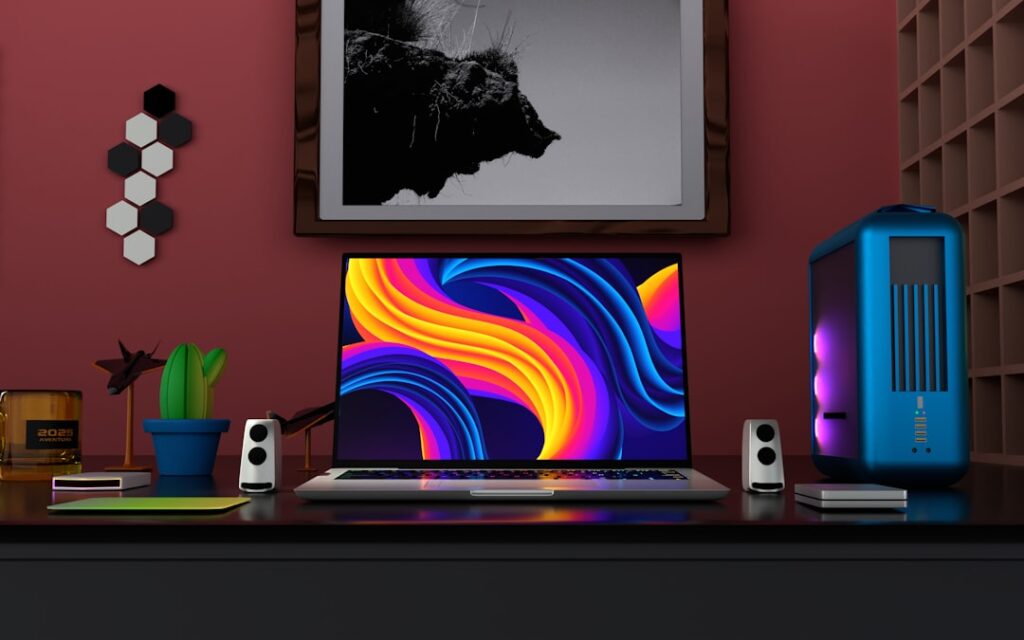 Digital artwork displayed on computer screen showing colorful AI-generated visual content