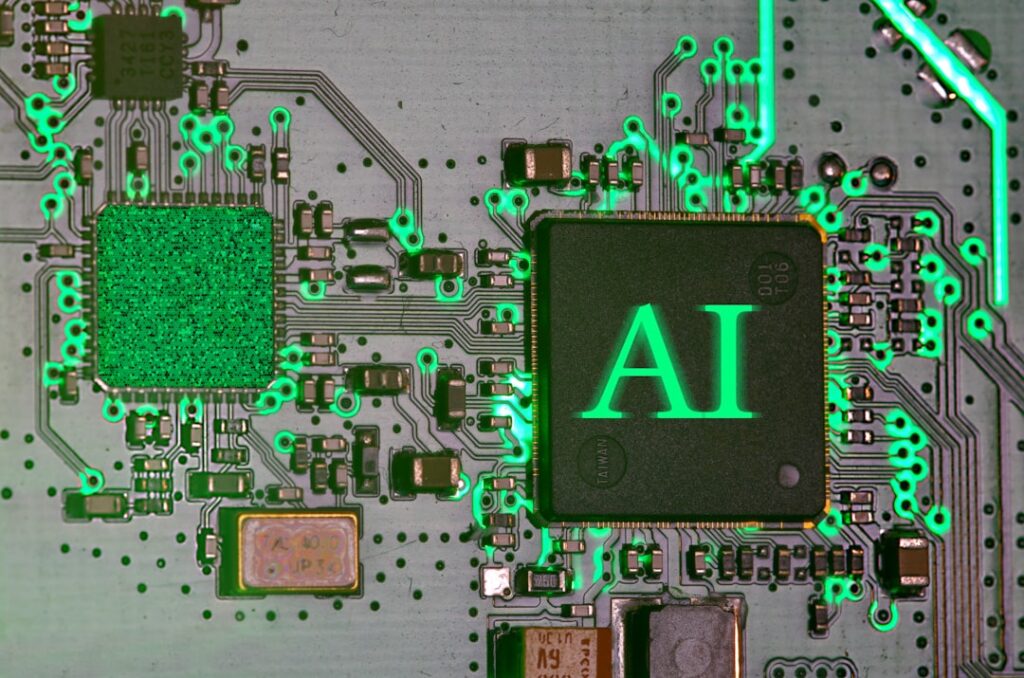 Glowing AI chip on a circuit board representing breakthrough artificial intelligence technology