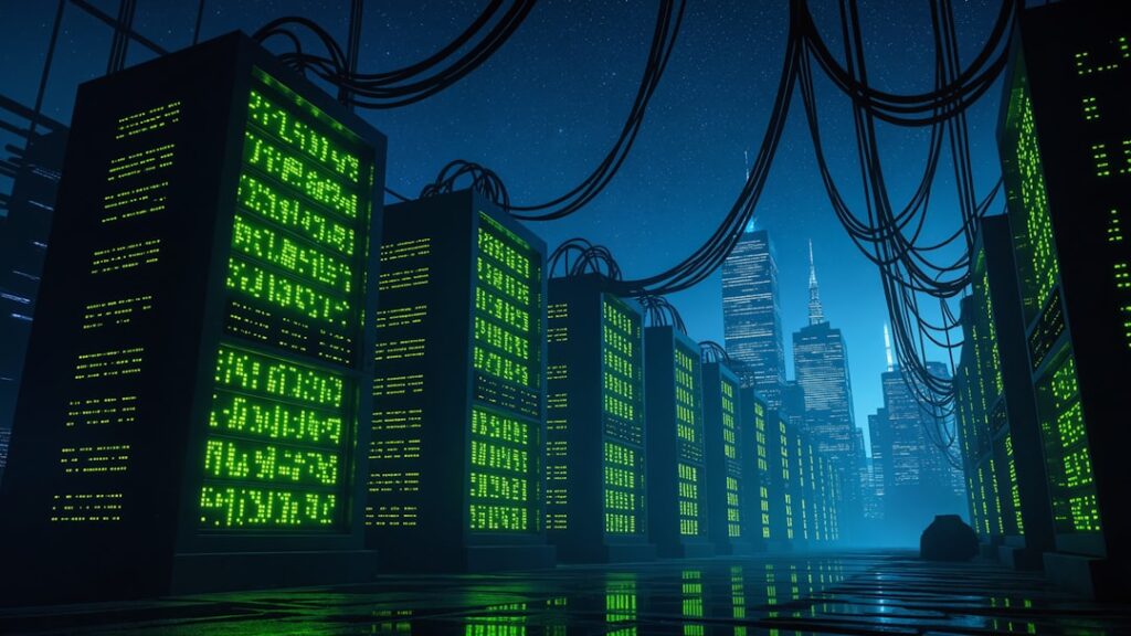 Futuristic data center servers illuminating a cityscape representing web hosting infrastructure