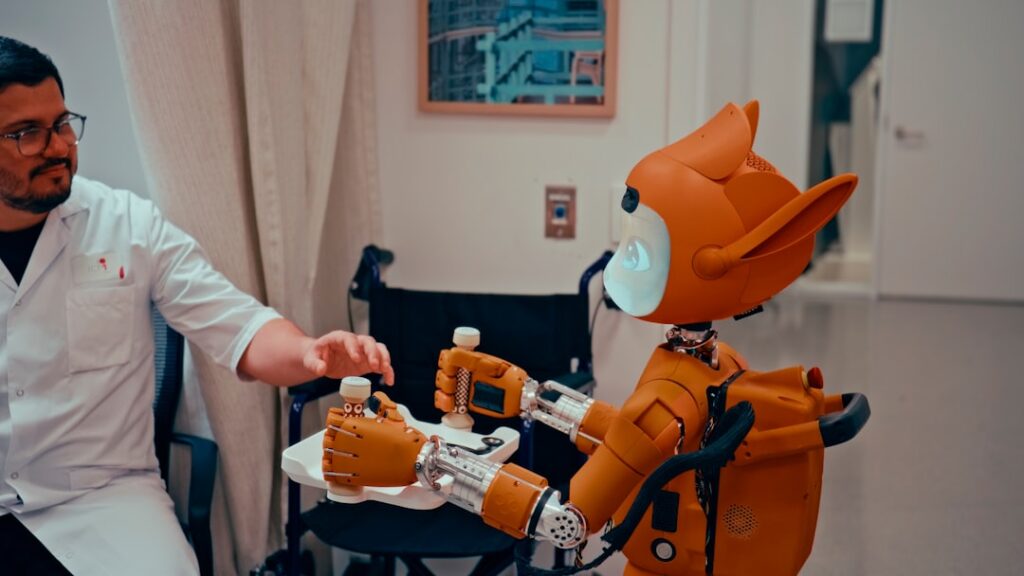 Humanoid robot assisting doctor and patient in healthcare setting, demonstrating AI's role in medical care
