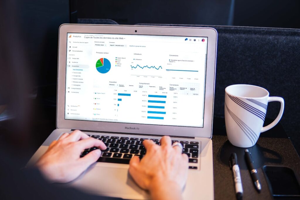 Person analyzing SEO data and analytics on laptop computer