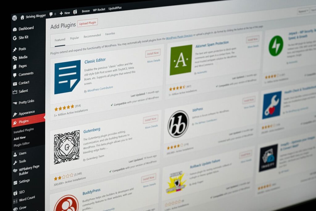 WordPress admin dashboard showing plugins page with AI integration options