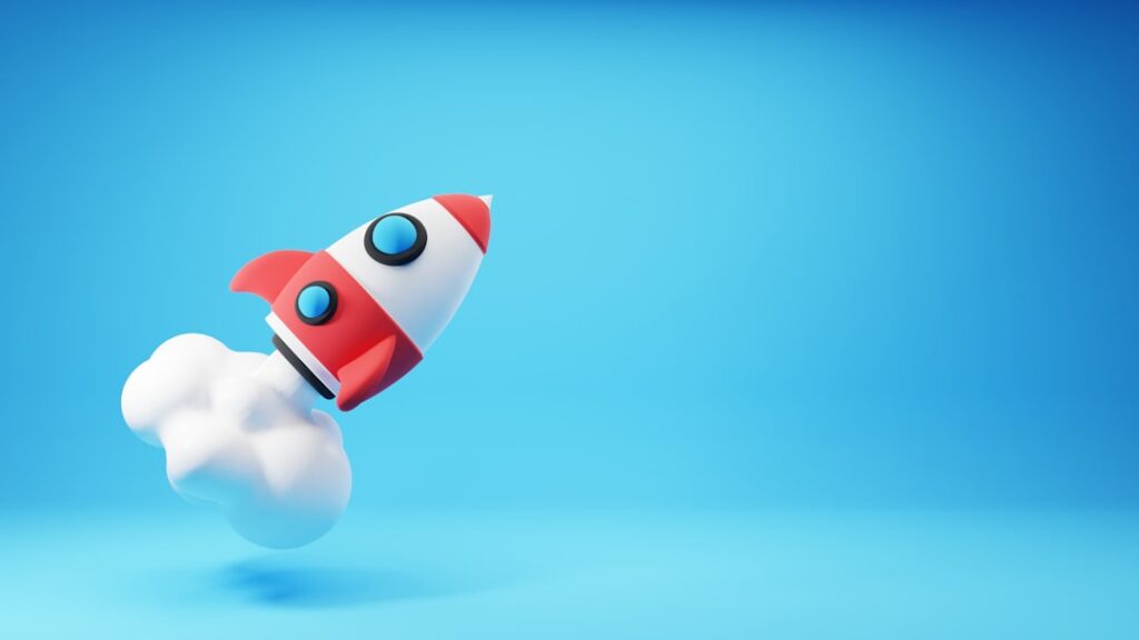 3D illustration of red and white rocket launching with cloud trail representing website launch
