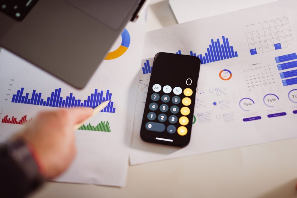Business calculator with financial charts and graphs for pricing analysis