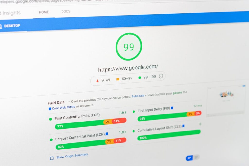 Google PageSpeed Insights showing a perfect score of 99 with Core Web Vitals breakdown including LCP, FCP, and CLS metrics