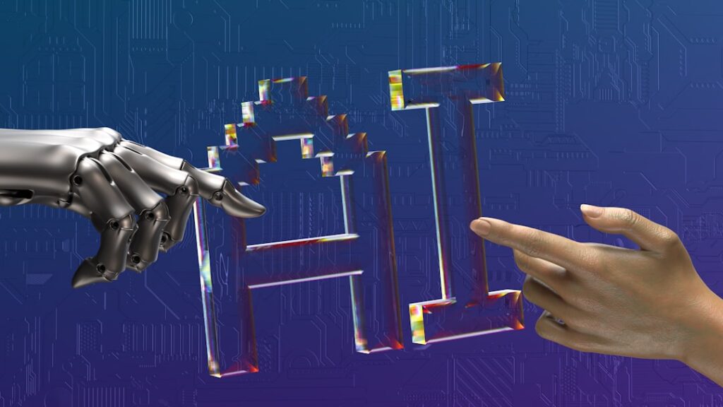 Robot and human hands reaching toward AI text, representing the intersection of human creativity and artificial intelligence tools