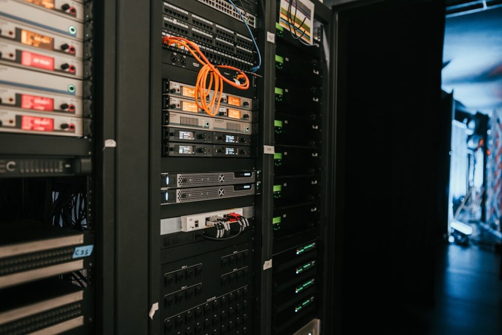 Server racks in a modern data center showing hosting infrastructure for different types of web hosting services