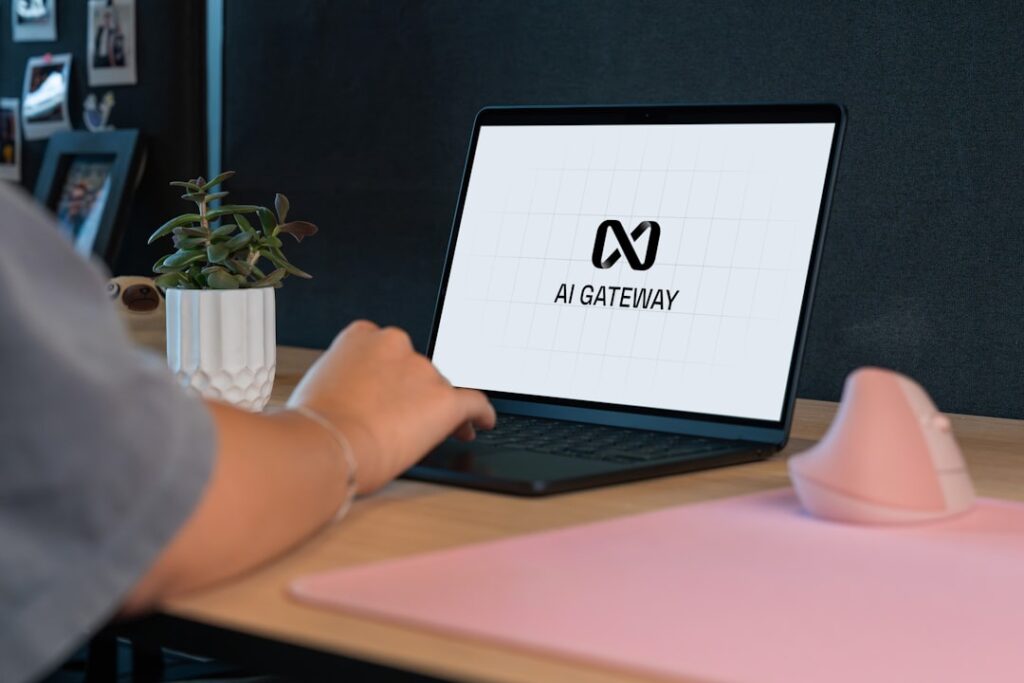 Person using a laptop displaying an AI Gateway interface, representing AI tools for WordPress users