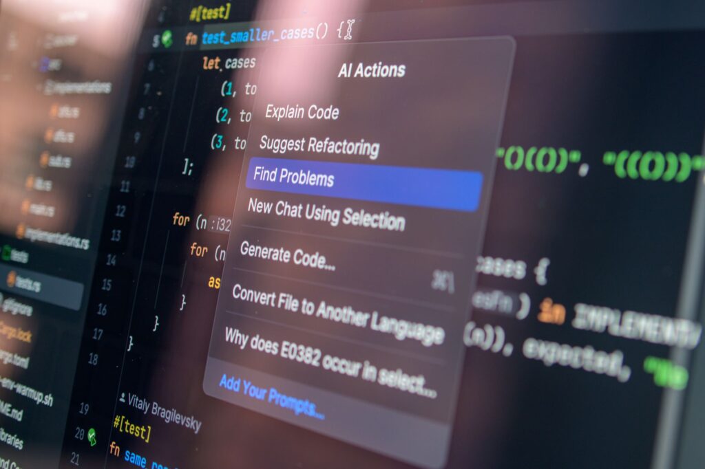Close-up of an AI Actions menu in a code editor showing options like Explain Code, Find Problems, and Generate Code, illustrating AI-assisted developer search tools