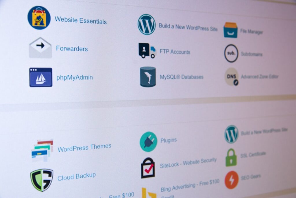 Web hosting control panel showing WordPress Themes, Plugins, FTP Accounts, MySQL Databases, and other WordPress management tools.