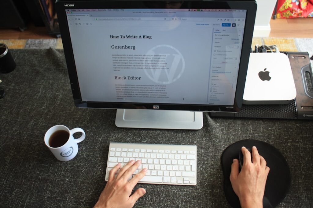 WordPress Gutenberg block editor open on a desktop monitor, showing a blog post being written — the interface used by WordPress content creators leveraging free AI writing tools