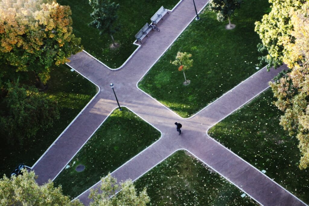 Aerial view of a person standing at a crossroads in a park, representing the decision between WordPress.com and WordPress.org