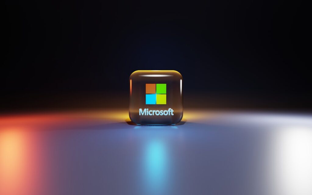 Microsoft logo glowing in blue and orange light representing Microsoft Azure cloud platform