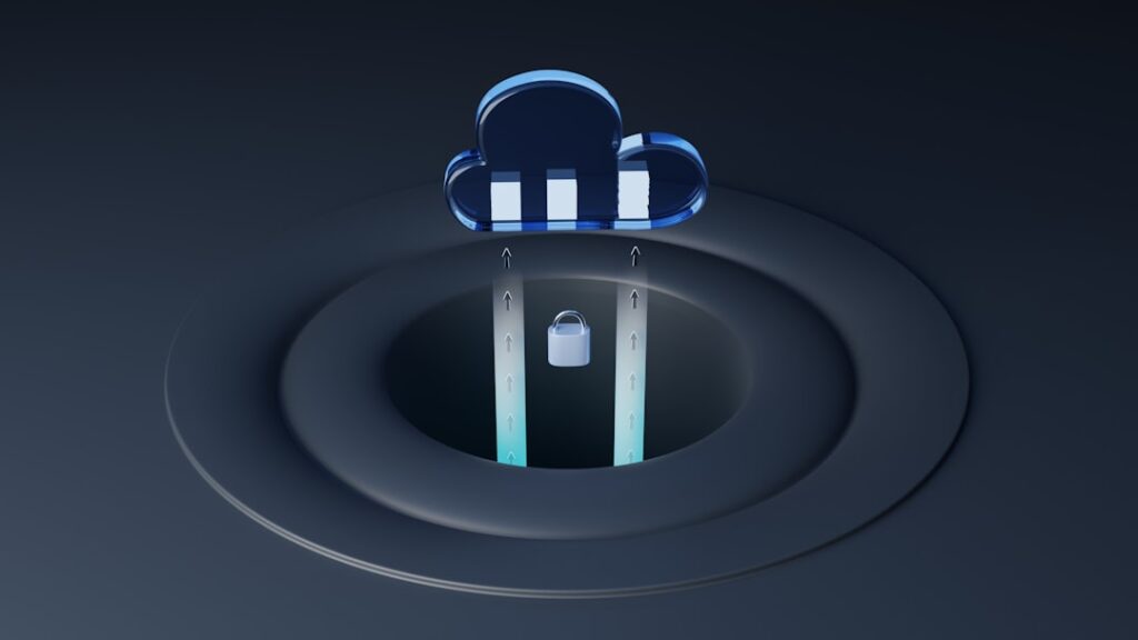 3D render of a blue cloud server icon with a security lock representing cloud infrastructure hosting