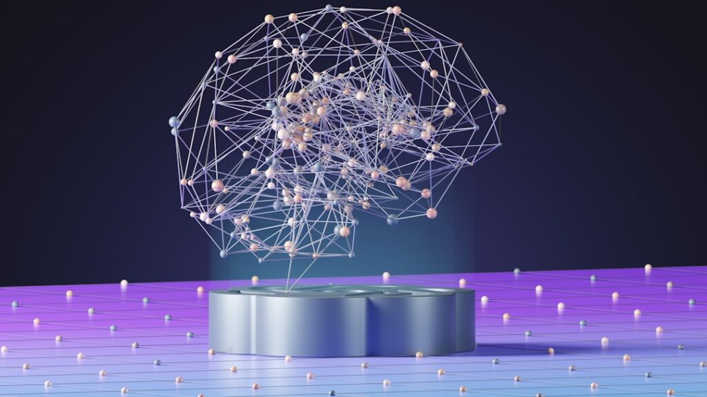 Abstract 3D neural network brain on a glowing platform, representing how AI tools are shaped by annotation and human feedback.