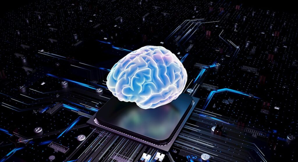 A glowing blue AI brain hovering above a CPU chip, representing artificial intelligence technology