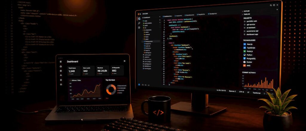 Dark workspace with a laptop showing a website dashboard and a monitor displaying code, illustrating the WordPress admin control panel environment